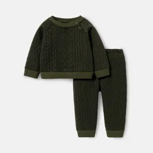 2pcs Baby Boy Solid Color Cable Knit Textured Long-sleeve Sweatshirt and Elasticized Pants Set #218561