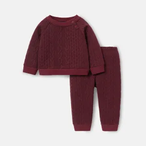 2pcs Baby Boy Solid Color Cable Knit Textured Long-sleeve Sweatshirt and Elasticized Pants Set #218566