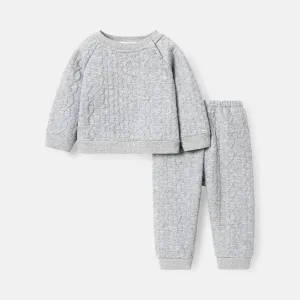 2pcs Baby Boy Solid Color Cable Knit Textured Long-sleeve Sweatshirt and Elasticized Pants Set #218574