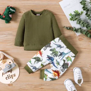 2pcs Baby Boy Solid Cotton Ribbed Long-sleeve Pullover and Allover Dinosaur Print Pants Set #230819