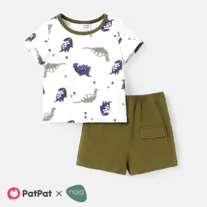 2pcs Baby Boy Solid Cotton Shorts and Allover Dinosaur Print Short-sleeve Naiaâ¢ Tee Set #666268