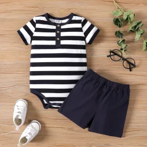2pcs Baby Boy Striped Short-sleeve Bodysuit and Solid Shorts Set #1033450