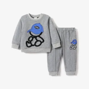 2pcs Baby Boy Waffle Bear Embroidery Long-sleeve Top and Pants Set #1054561
