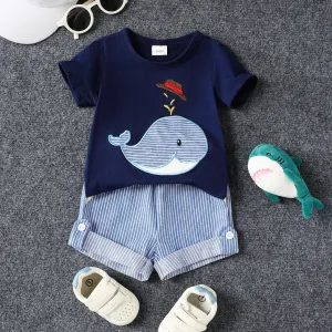 2pcs Baby Boys Whale Embroidery  Casual Animal Pattern Stand Collar Short Sleeve Top and Denim Pants Set #1329928
