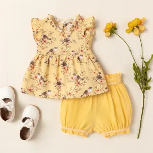 2pcs Baby Girl 100% Cotton Allover Floral Print Frill Trim Tank Top and Shorts Set #862357