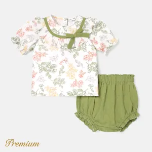2pcs Baby Girl 100% Cotton Allover Floral Print Puff-sleeve Tee & Shorts Set #909903
