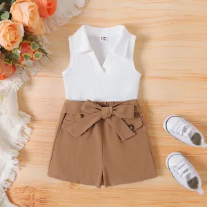 2pcs Baby Girl 100% Cotton Belted Shorts and Lapel Neck Rib-knit Tank Top #1038376