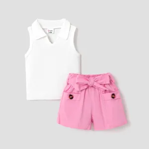 2pcs Baby Girl 100% Cotton Belted Shorts and Ribbed Notched Polo Neck Tank Top Set #862282