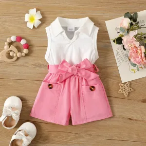 2pcs Baby Girl 100% Cotton Belted Shorts and Ribbed Notched Polo Neck Tank Top Set #862283