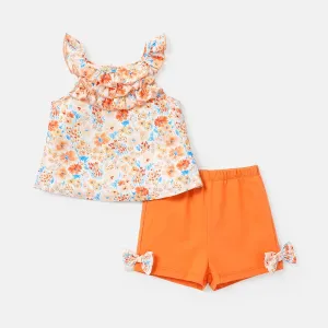 2pcs Baby Girl 100% Cotton Bow Decor Shorts and Floral Print Frill Trim Tank Top Set #811961