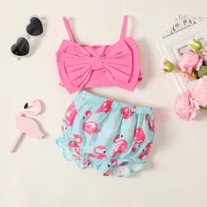 2pcs Baby Girl 100% Cotton Bow Front Cami Top and Flamingo Print Shorts Set #1041147