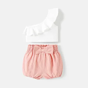2pcs Baby Girl 100% Cotton Bow Front Shorts and One Shoulder Ruffle Trim Tank Top Set