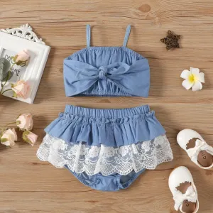 2pcs Baby Girl 100% Cotton Denim Cami Crop Top and Lace Ruffled Shorts Set #884169