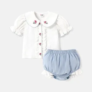 2pcs Baby Girl 100% Cotton Floral Embroidered Peter Pan Collar Puff-sleeve Top and Ruffled Shorts Set #912261