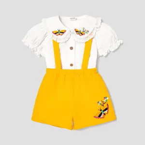 2pcs Baby Girl 100% Cotton Floral Embroidered Ruffle Collar Puff-sleeve Top and Solid Crepe Suspender Shorts Set #796053