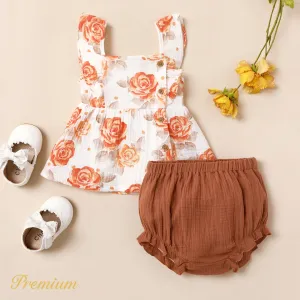 2pcs Baby Girl 100% Cotton Floral Print Button Up Cami Top and Solid Shorts Set #1035820