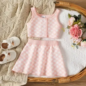 2pcs Baby Girl 100% Cotton Houndstooth Pattern Button Placket Knitted Tank Top and Skirt Set #1046264