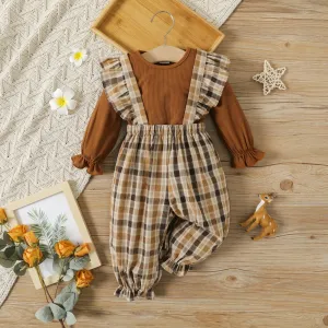 2pcs Baby Girl 100% Cotton Plaid Ruffle Trim Suspender Pants and Brown Ribbed Long-sleeve Top Set #807307