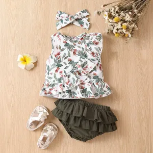 2pcs Baby Girl 100% Cotton Pleated Shorts & Plant Floral Print Ruffled Tank Top & Headband Set #1051171