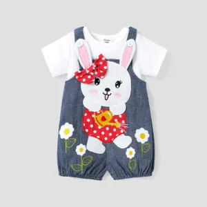2pcs Baby Girl 100% Cotton Rabbit Graphic Denim Overalls Shorts and Solid Short-sleeve Tee Set