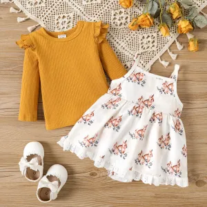 2pcs Baby Girl 100% Cotton Ribbed Ruffle Solid Long-sleeve Top and Allover Rabbit Print Slip Dress Set #1058124