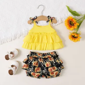 2pcs Baby Girl 100% Cotton Ruffle Hem Knot Shoulder Cami Top and Sunflower Print Ruffled Shorts Set #1041028