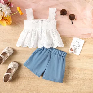 2pcs Baby Girl 100% Cotton Schiffy Cami Top and Solid Shorts Set #1044757