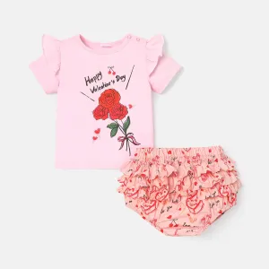 2pcs Baby Girl 100% Cotton Short-sleeve Rose Graphic Tee and Allover Print Layered Ruffle Trim Shorts Set #759308