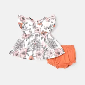2pcs Baby Girl 100% Cotton Solid Shorts and Floral Print Floral Print Flutter-sleeve Top Set #788831