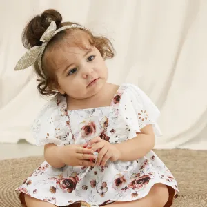 2pcs Baby Girl 100% Cotton Solid Shorts and Floral Print Ruffle Trim Top Set #721518