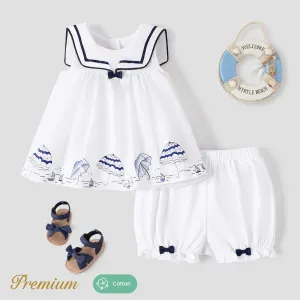2pcs Baby Girl 100% Cotton Statement Collar Sleeveless Top and Bow Decor Cotton Shorts Set #1039411