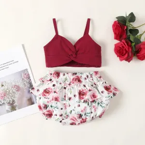 2pcs Baby Girl 100% Cotton Twist Knot Front Cami Top and Floral Print Shorts Set #1041553