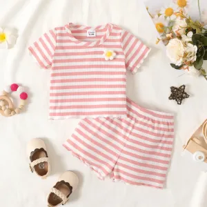 2pcs Baby Girl 3D Flower Design Striped Ribbed Short-sleeve Top and Shorts Set #198094