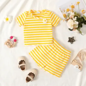 2pcs Baby Girl 3D Flower Design Striped Ribbed Short-sleeve Top and Shorts Set #198099