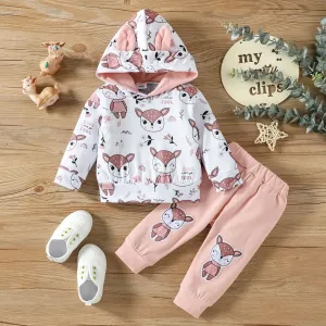 2pcs Baby Girl 95% Cotton Animal Print Sweatpants and Long-sleeve Hoodie Set #206733