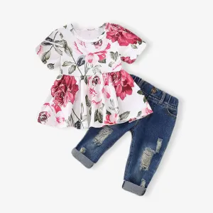 2pcs Baby Girl 95% Cotton Denim Ripped Jeans and Floral Print Short-sleeve Top Set (Loose-fit) #197095