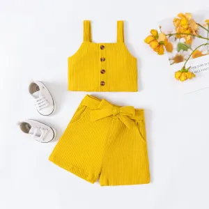 2pcs Baby Girl 95% Cotton Front Buttons Ribbed Cami Top and Tie Front Shorts Set