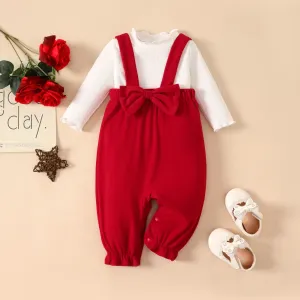 2pcs Baby Girl 95% Cotton Ribbed Ruffle Solid Long-sleeve Top and Bow Decor Overalls Set #1056107