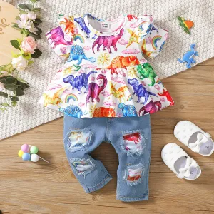2pcs Baby Girl 95% Cotton Ripped Denim Jeans and Allover Dinosaur Print Ruffle Short-sleeve Top Set #201061