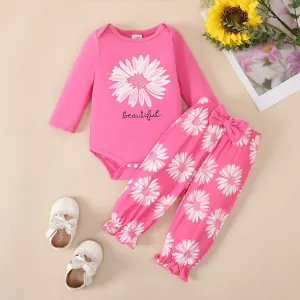 2pcs Baby Girl 95% Cotton Sunflower Print Long-sleeve Bodysuit and Ruffle Bow Decor Pants Set