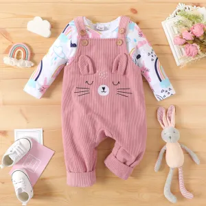 2pcs Baby Girl Allover Cat & Rainbow Print Long-sleeve Tee and Embroidered Corduroy Overalls Set #207131
