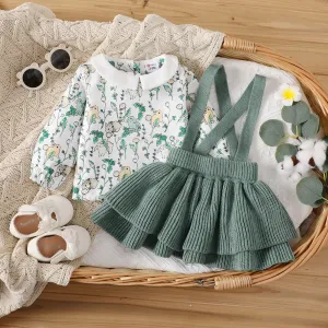 2pcs Baby Girl Allover Floral & Animal Print Long-sleeve Sweater and Solid Strappy Skirt Set #1055712