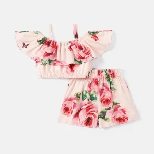 2pcs Baby Girl Allover Floral Print Pink Ruffle Trim Cami Crop Top & Shorts Set