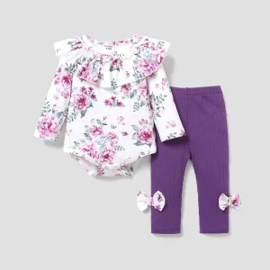 2pcs Baby Girl Allover Floral Print Ruffle Long-sleeve Romper and Bow Decor Ribbed Pants Set #1053769