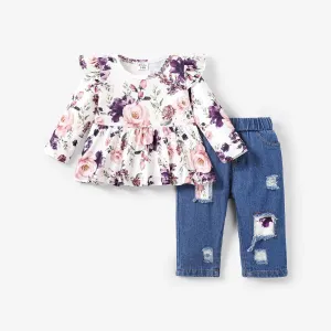 2pcs Baby Girl Allover Floral Print Ruffle Long-sleeve Top and 95% Cotton Ripped Jeans Set