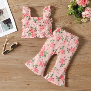 2pcs Baby Girl Allover Floral Print Ruffled Smocked Tank Top and Flared Pants Set #1046385