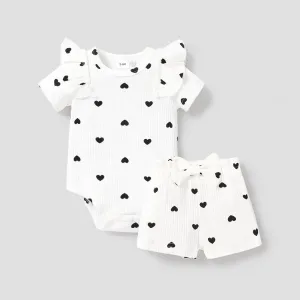 2pcs Baby Girl Allover Heart Print Cotton Ribbed Ruffled Romper and Bow Front Shorts Set