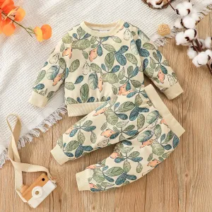 2pcs Baby Girl Allover Leaf Print Long-sleeve Sweatshirt and Sweatpants Set #832131