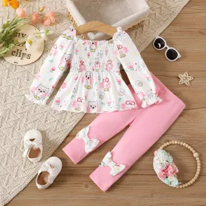 2pcs Baby Girl Allover Owl Print Off Shoulder Long-sleeve Shirred Top and Bow Front Leggings Set #832578