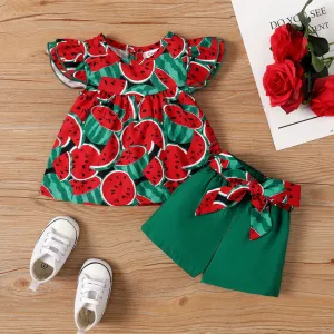 2pcs Baby Girl Allover Watermelon Print Flutter-sleeve Top and Belted Solid Shorts Set #1034342